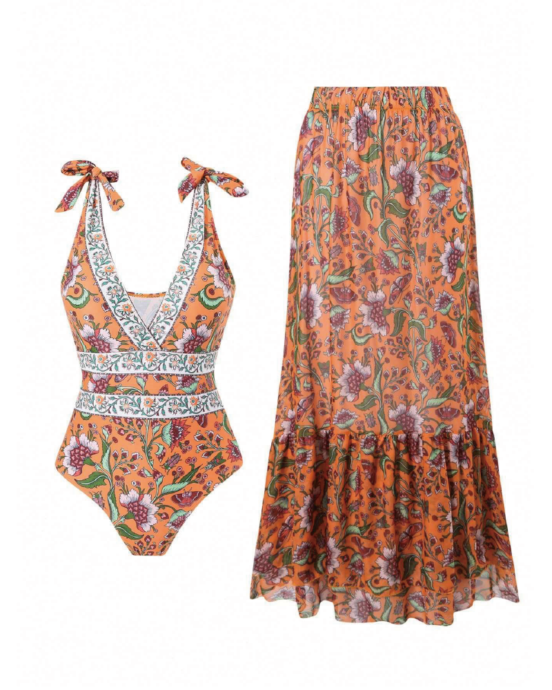 V Neck Printed One Piece Swimsuit & Skirt