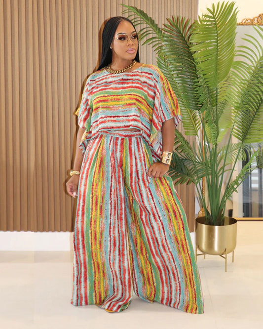 Vibrant Stripe Crop Top & Wide Leg Pant Set